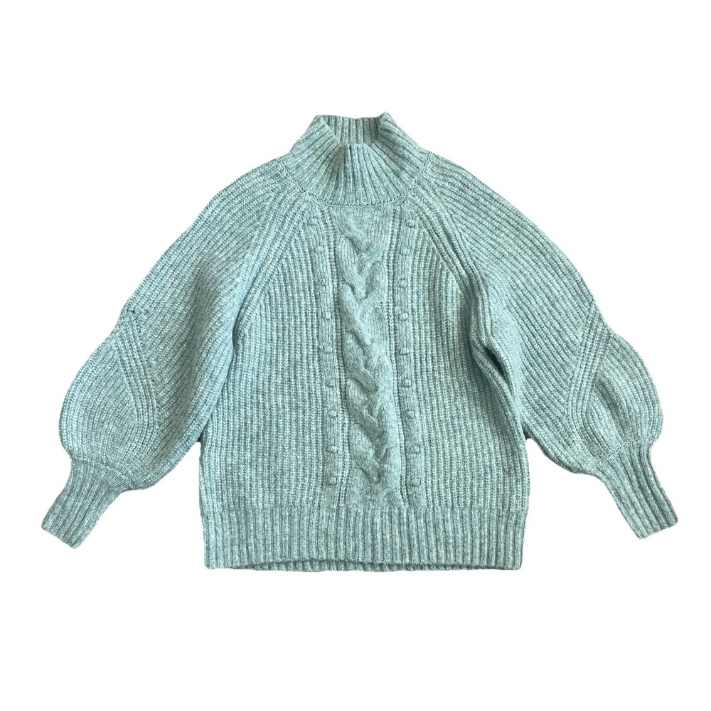 AVA & VIV Women Cable Knit Mock Neck Puff Sleeve Sweater Light Blue Size X - Picture 1 of 6